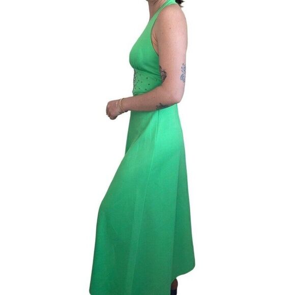 Vintage 1970s Womens Retro MidMod Lime Green Halter Prom Dress Evening Gown Sz M - Picture 6 of 10